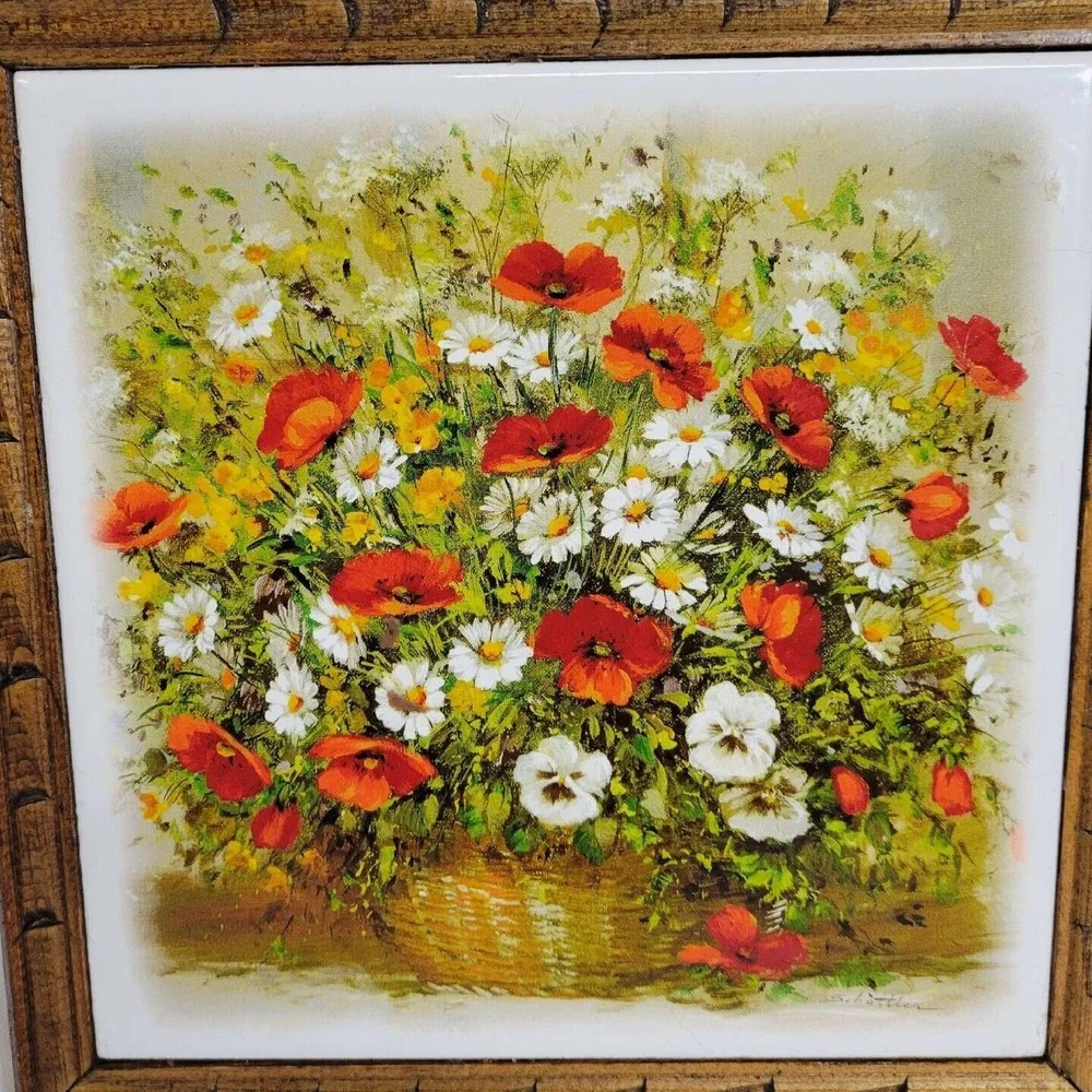 Katerina Schottler Daisies Red Poppies Floral Painted Wood Framed Ceramic Tile